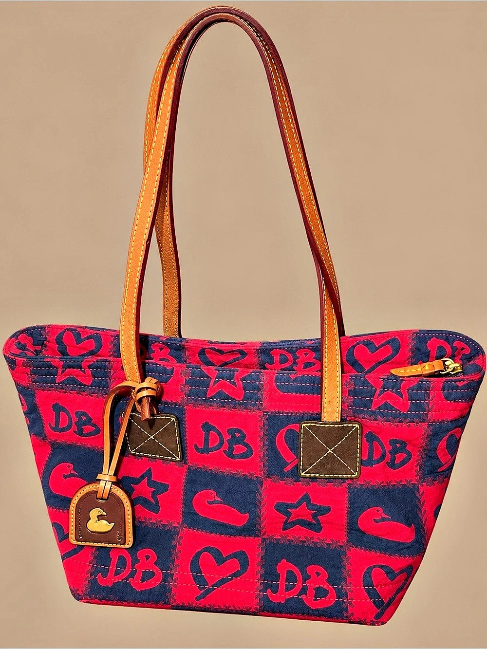 Dooney & Bourke Vintage Y2K Star Heart Duck Patchwork Tote Red Navy EUC